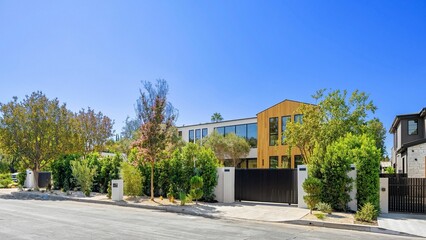 Modern house with wooden facade and greenery