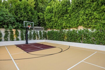 Outdoor basketball court with lush greenery.