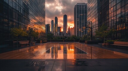 Stunning urban skyline at sunset with dramatic clouds reflecting on wet pavements, surrounded by towering skyscrapers and city lights.