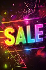 "SALE" written in bright, gradient rainbow colors with a glowing background of abstract geometric shapes.