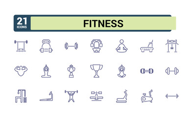 Set of line icons related to gym, fitness. Outline icon collection related to wellness, workout, exercise. Editable stroke. Vector illustration