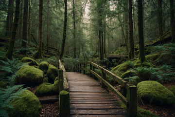 Obraz premium A small wooden bridge in the middle of the forest, filled with trees and plants beside it, a mossy wooden bridge