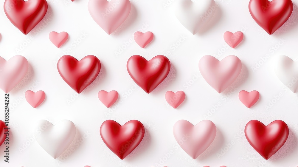 Poster a repeating pattern of simple heart shapes in red and pink, symmetrically arranged on a white backgr