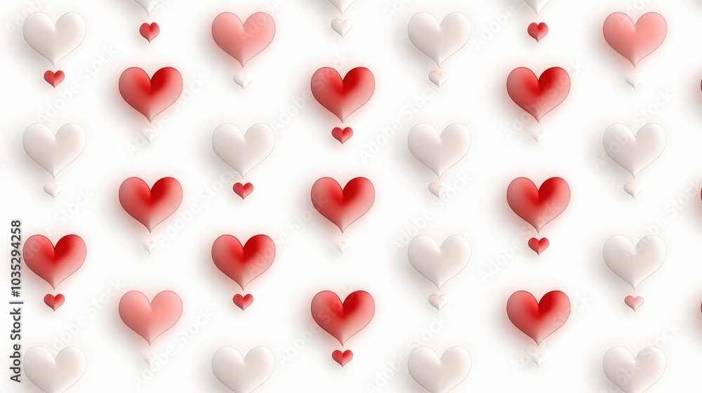 Poster a repeating pattern of simple heart shapes in red and pink, symmetrically arranged on a white backgr