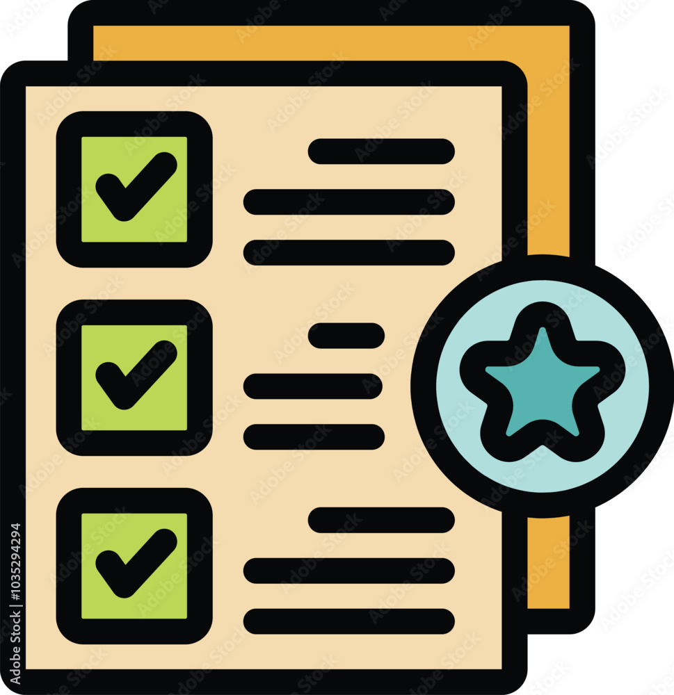 Poster this colorful icon image features a document with check marks receiving a quality star approval symb
