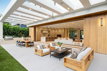 Luxurious modern outdoor patio with open living space.