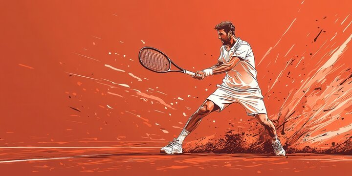 Stylized illustration of a tennis player in action on a clay court, showcasing dynamic movement and energy with an artistic splash effect.