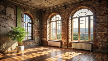 Fototapeta premium Sunlight streams through arched windows in a spacious room with exposed brick walls and hardwood floors, a potted plant adds a touch of greenery.