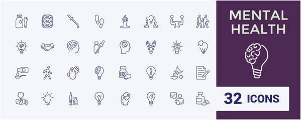 Psychiatry icons. Set of Psychology and mental thin linear style icons. Related to Treatment, Therapy, Psychological. Vector Illustration.