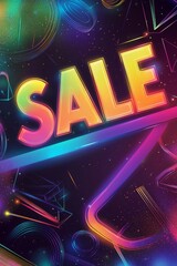 "SALE" written in bright, gradient rainbow colors with a glowing background of abstract geometric shapes.