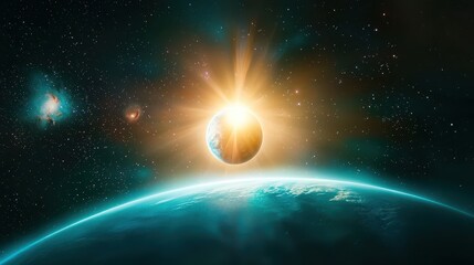 Obraz premium A serene space background filled with stars, distant galaxies, and an ethereal glow of light surrounding a nearby planet