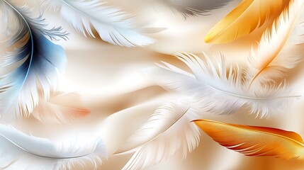 Fototapeta premium Abstract Feather Background White Blue Gold Feathers on Beige Background