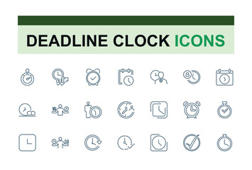 Timer line icon set. Clock and timer, alarm, bell, speed,  deadline, stopwatch, timekeeper, calendar and watch outline icon collection.