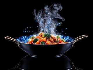 Colorful Vegetable Dish with Steam and Sparkles