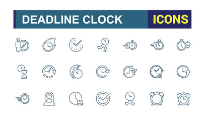 Timer line icon set. Clock and timer, alarm, bell, speed,  deadline, stopwatch, timekeeper, calendar and watch outline icon collection.