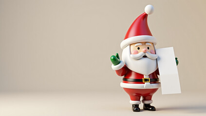 A cheerful Santa Claus figure holding a blank list in one hand, ready to check off the names of those on the nice list this Christmas season. 3D illustration