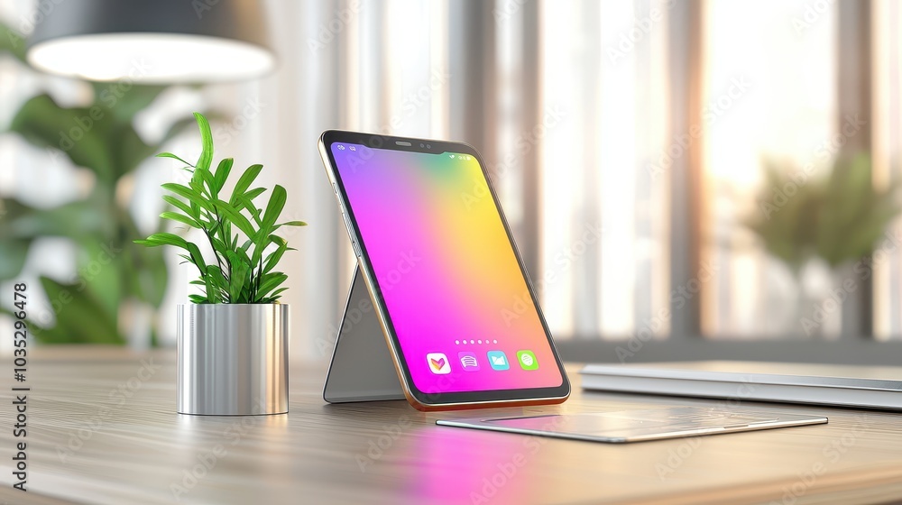 Poster a sleek android phone mockup placed on a wooden desk, showcasing a colorful app screen with a modern
