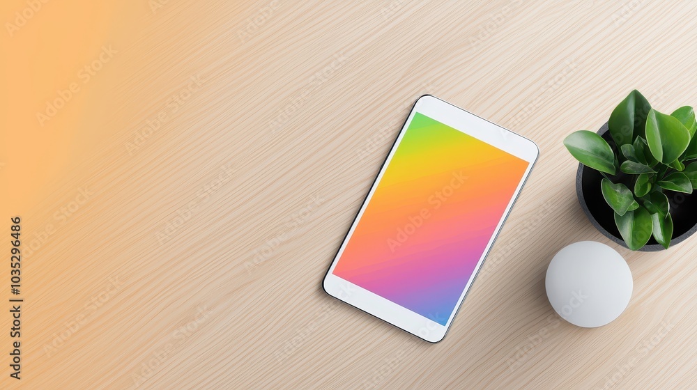 Poster a sleek android phone mockup placed on a wooden desk, showcasing a colorful app screen with a modern