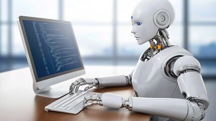An intelligent AI robot at an office desk coding on a computer, showcasing the future of technology in business during the digital age