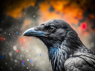 Fototapeta premium Black and White Crow Photography with Vivid Splatter Effect for Nature Enthusiasts