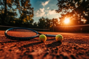 Tennis racket and balls on a clay court at sunset, capturing the essence of an evening match. Perfect for sports and leisure themes.
