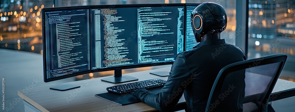 Poster humanoid robot engages in coding at a sleek office desk with vibrant city lights in the background a