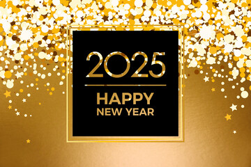 2025 Happy New Year greeting card with golden confetti stock images. 2025 New Year gold black...