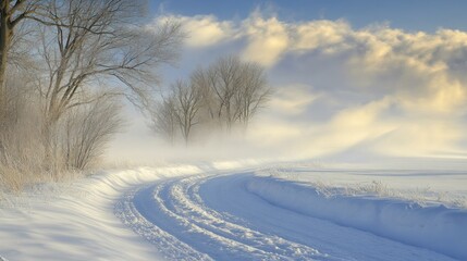 A Snowy Path Winding Through a Foggy Winter Landscape