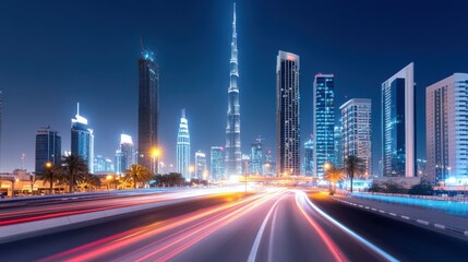 Dynamic Night Cityscape with Skyscrapers and Light Trails