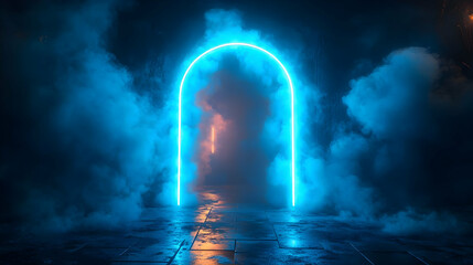 Neon Archway Glowing in Smoke with 3D Rendered Blue Light