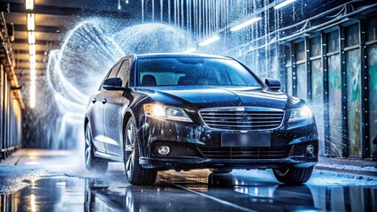 Black Car Washing in Automated Car Wash with Soap Bokeh Effect