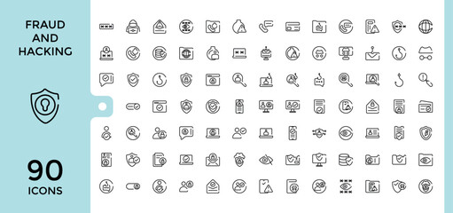 Fraud and hacking line icons set. Big UI icon set in a flat design. Thin outline symbol pack. Editable and pixel perfect.