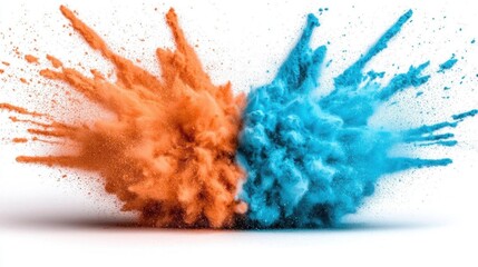 A photostock images of a colorful powder burst in orange and blue, isolated on white background, High Quality