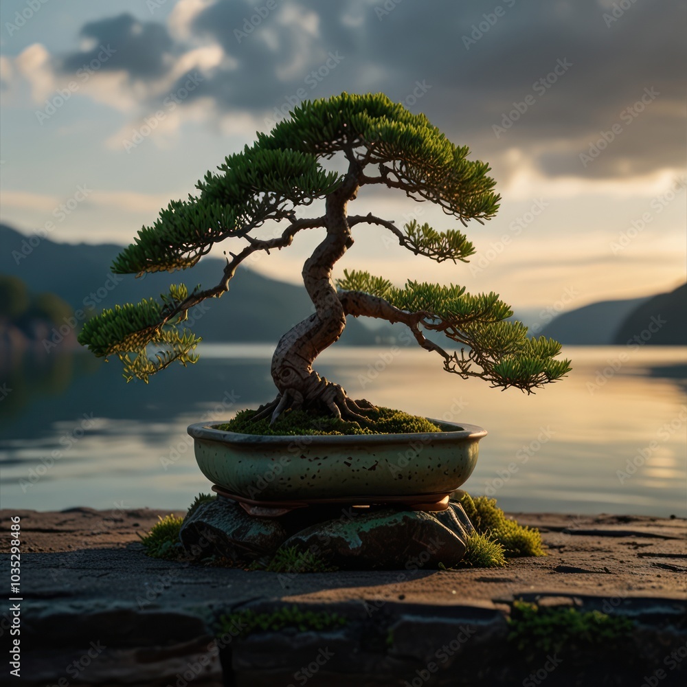 Poster a bonsai tree with a twisted trunk and green foliage sits on a stone base in front of a serene lake 