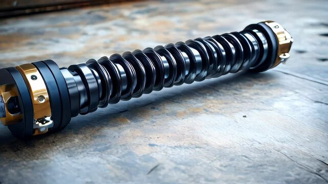 A detailed shot of a shock absorber with various components neatly arranged on a white background, emphasizing automotive engineering