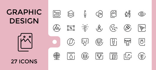 Graphic design line icons set. Related to thin line style of computer graphics related icons collection. tools, development stages, and more. Editable and pixel perfect symbol pack.