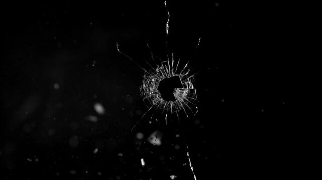 Super slow motion of gunshot through the glass, shattering against black background . Filmed on high speed cinema camera, 1000 fps.