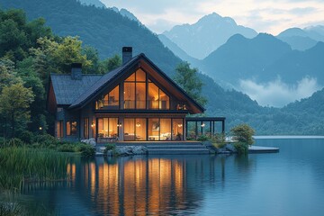 Fototapeta premium Luxury modern lake house with glowing interior lights reflecting on water, surrounded by misty mountains at dusk, peaceful atmosphere, Ai Generation