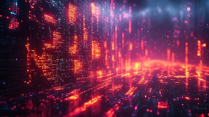 Abstract digital background with red and blue neon lights, lines, and particles.