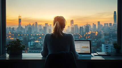 Fototapeta na wymiar A woman sits at a desk in front of a large window, working on a laptop. The window looks out over a city skyline, with the sun rising in the background. The city is lit up with the morning light.