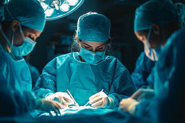 Surgeons performing a complex operation in a dimly lit operating room