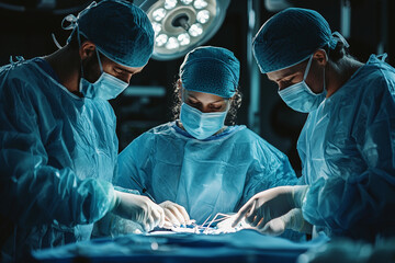 Surgeons performing a complex operation in a dimly lit hospital room