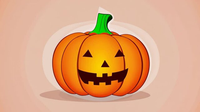 cartoon style jack lantern with a carved face and green stem on a light background