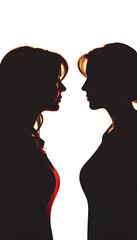 Women talking. Dialogue between women. Conversation between women. Colored silhouette profiles. Multiple exposure isolated with white highlights, png