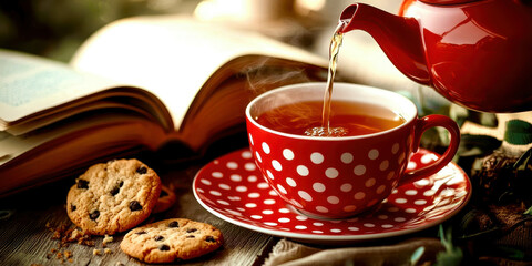 A red teapot with a white lid is pouring tea into a red and white polka dot cup