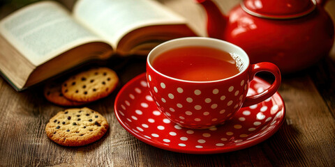 A red coffee cup with a white polka dot pattern sits on a red plate next to a bo
