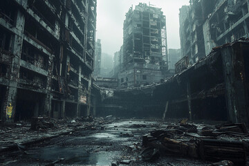 Abandoned urban landscape with decaying buildings on a foggy day