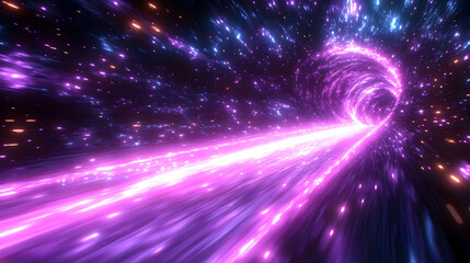 Naklejka premium Journey Through a Glowing Cosmic Tunnel, Space Travel, 3D Animation, Abstract Background, Neon Lights, Universe Exploration, Digital Art