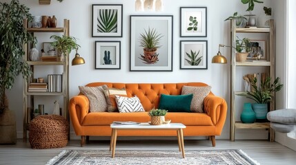 Stylish living room interior with orange sofa, green plants, wooden furniture. Modern home decor.