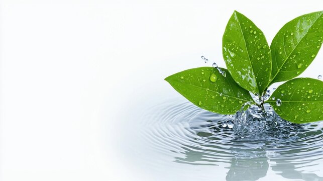 A photostock images of a refreshing splash of water and leaves, isolated on white background, High Quality